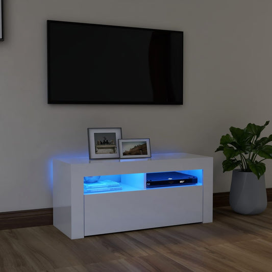TV-taso LED-valoilla korkeakiilto valkoinen 90x35x40 cm - Sisustajankoti.fi