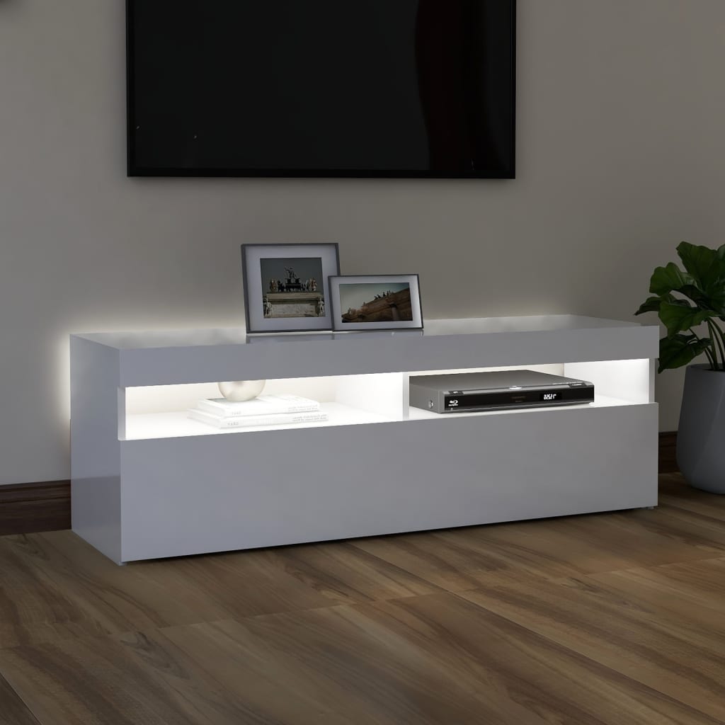 TV-taso LED-valoilla korkeakiilto valkoinen 120x35x40 cm - Sisustajankoti.fi