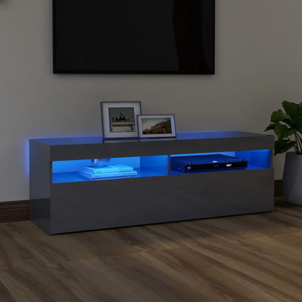 TV-taso LED-valoilla korkeakiilto harmaa 120x35x40 cm - Sisustajankoti.fi