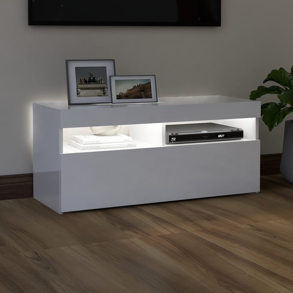 TV-taso LED-valoilla korkeakiilto valkoinen 90x35x40 cm - Sisustajankoti.fi