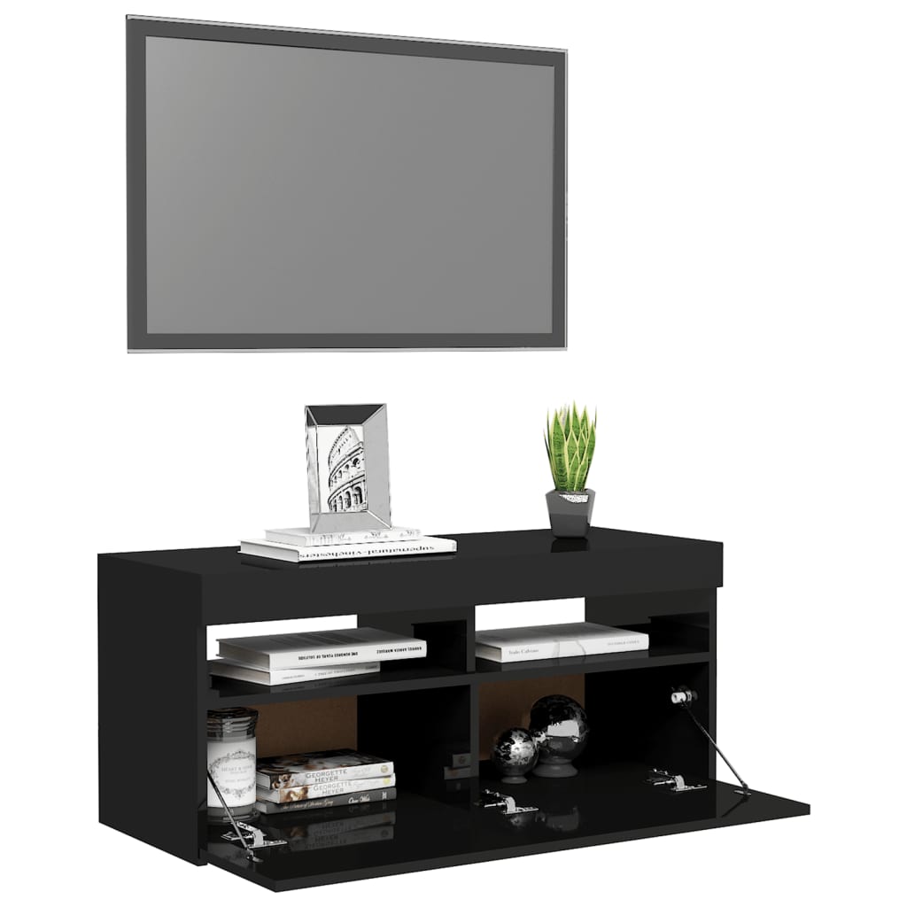 TV-taso LED-valoilla korkeakiilto musta 90x35x40 cm - Sisustajankoti.fi