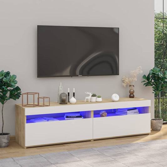 TV-tasot 2 kpl LED-valoilla valkoinen/Sonoma-tammi 75x35x40 cm - Sisustajankoti.fi