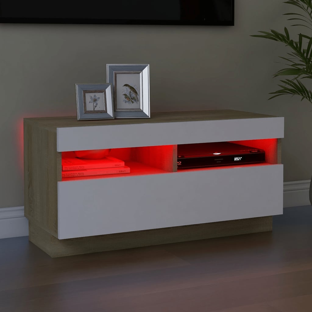 TV-taso LED-valoilla valkoinen ja Sonoma-tammi 80x35x40 cm - Sisustajankoti.fi