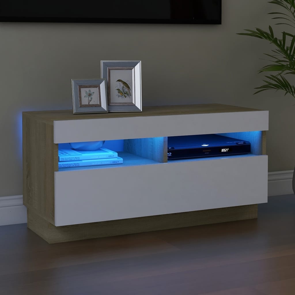 TV-taso LED-valoilla valkoinen ja Sonoma-tammi 80x35x40 cm - Sisustajankoti.fi
