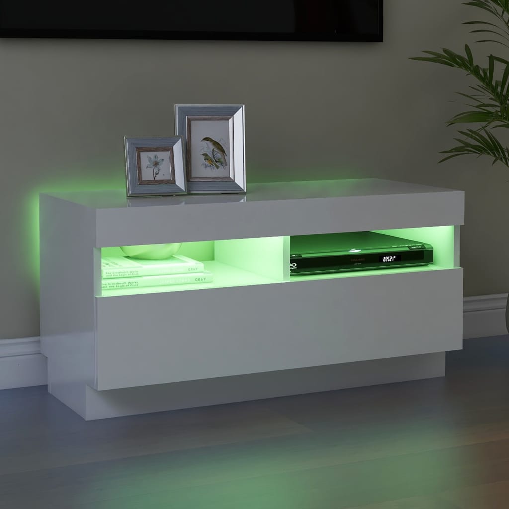 TV-taso LED-valoilla korkeakiilto valkoinen 80x35x40 cm - Sisustajankoti.fi