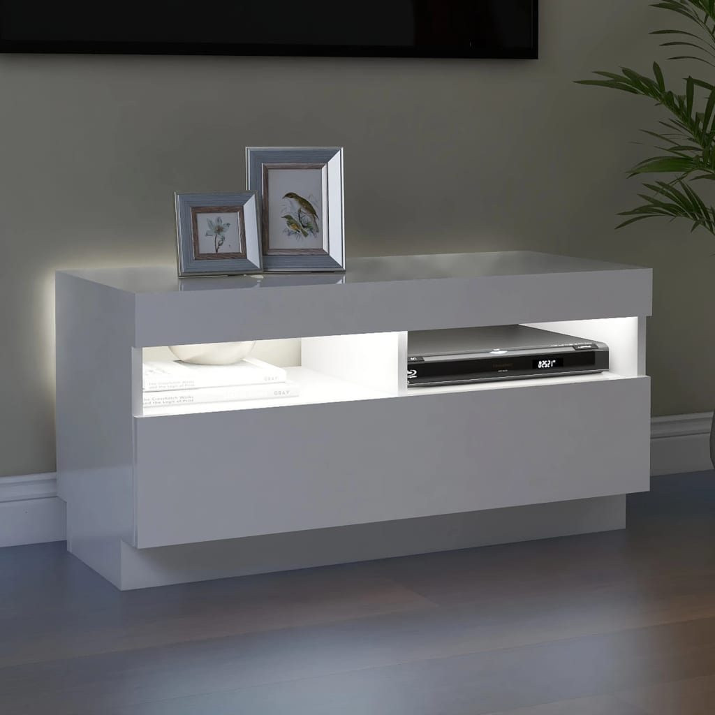 TV-taso LED-valoilla korkeakiilto valkoinen 80x35x40 cm - Sisustajankoti.fi