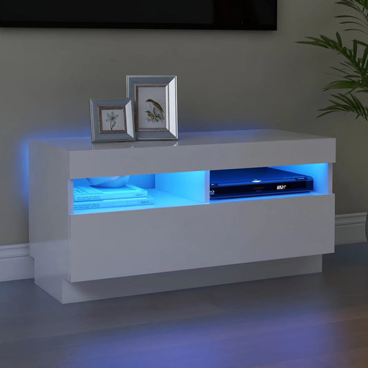 TV-taso LED-valoilla korkeakiilto valkoinen 80x35x40 cm - Sisustajankoti.fi