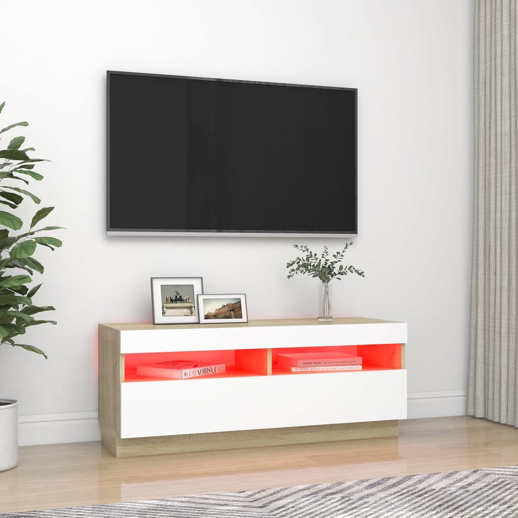 TV-taso LED-valoilla valkoinen ja Sonoma-tammi 100x35x40 cm - Sisustajankoti.fi