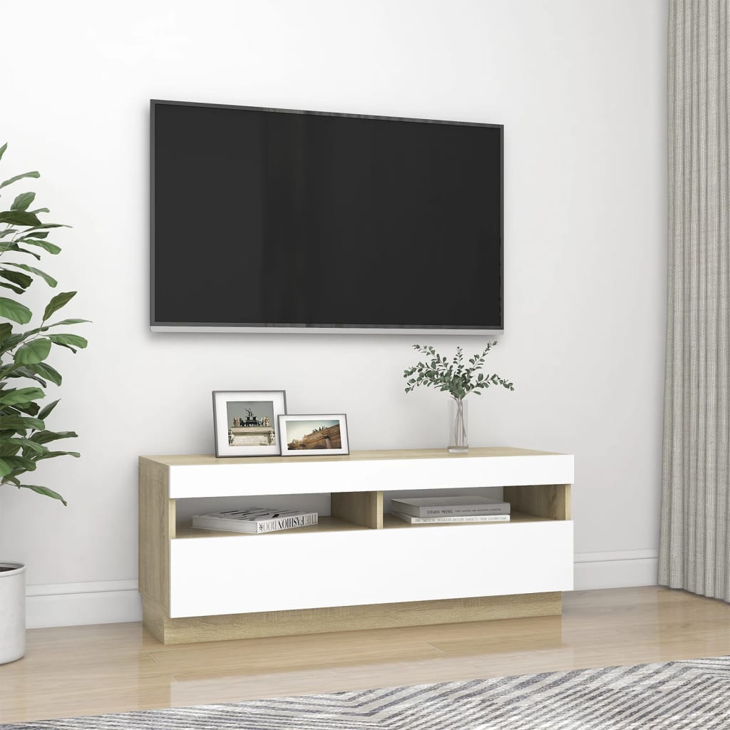 TV-taso LED-valoilla valkoinen ja Sonoma-tammi 100x35x40 cm - Sisustajankoti.fi
