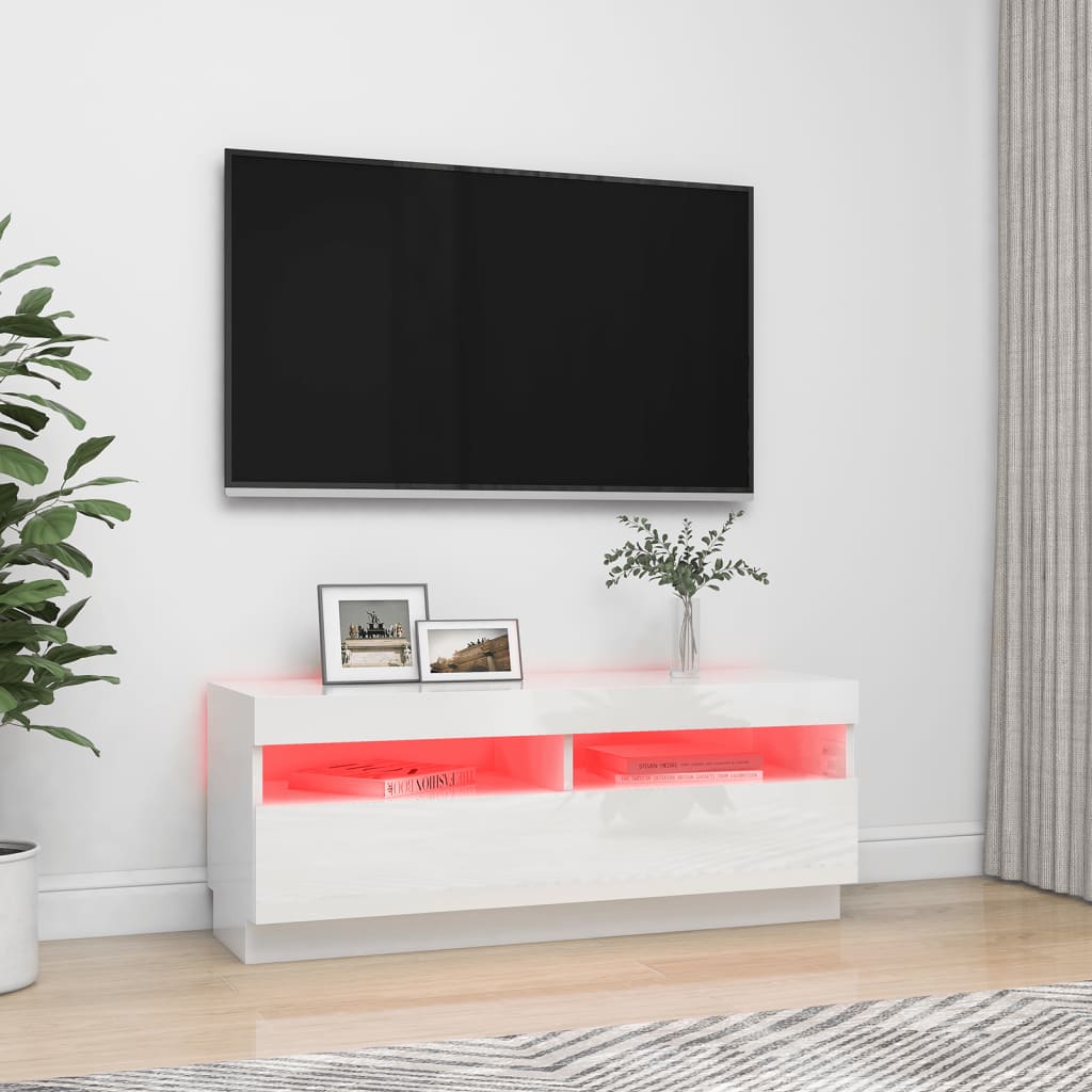 TV-taso LED-valoilla korkeakiilto valkoinen 100x35x40 cm - Sisustajankoti.fi