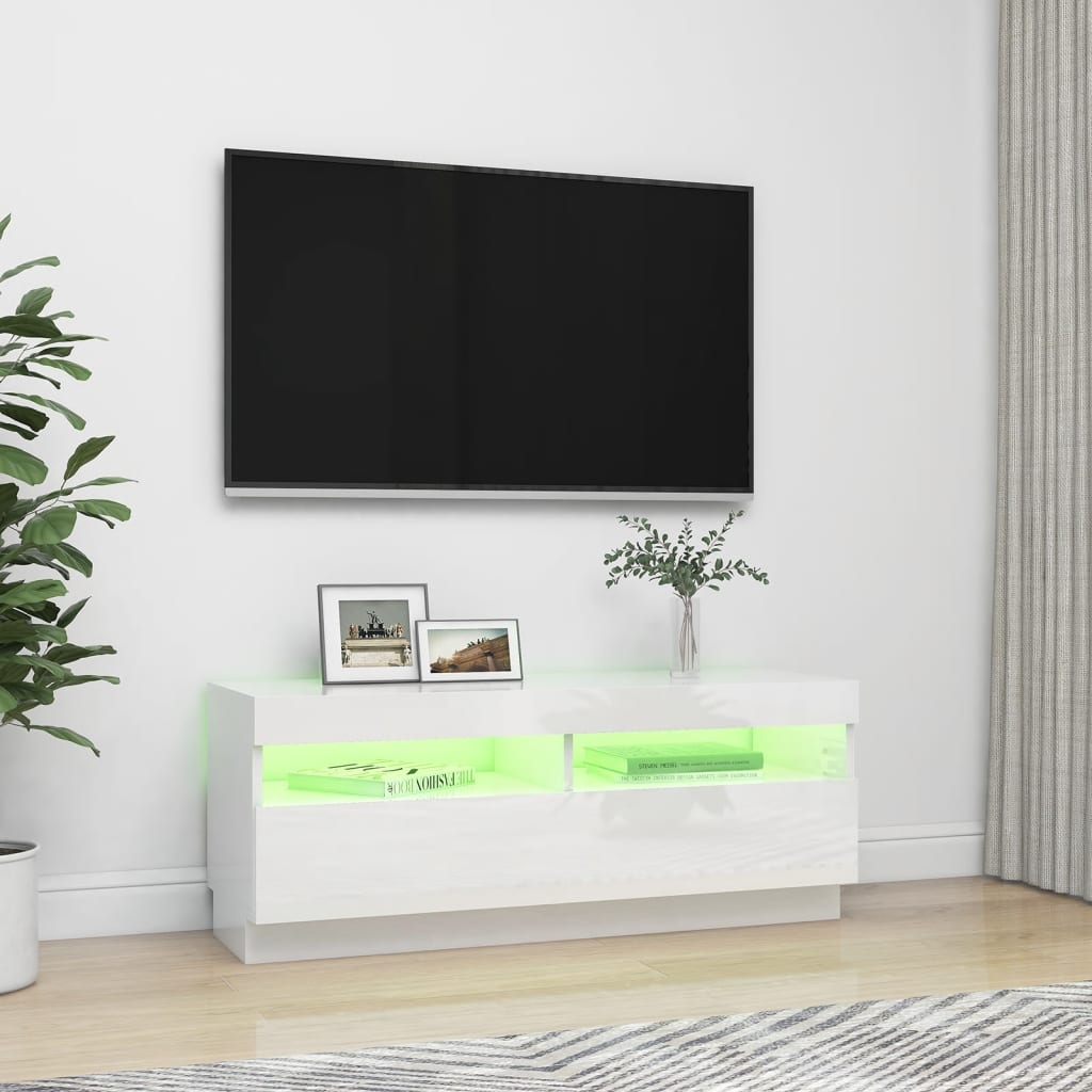 TV-taso LED-valoilla korkeakiilto valkoinen 100x35x40 cm - Sisustajankoti.fi