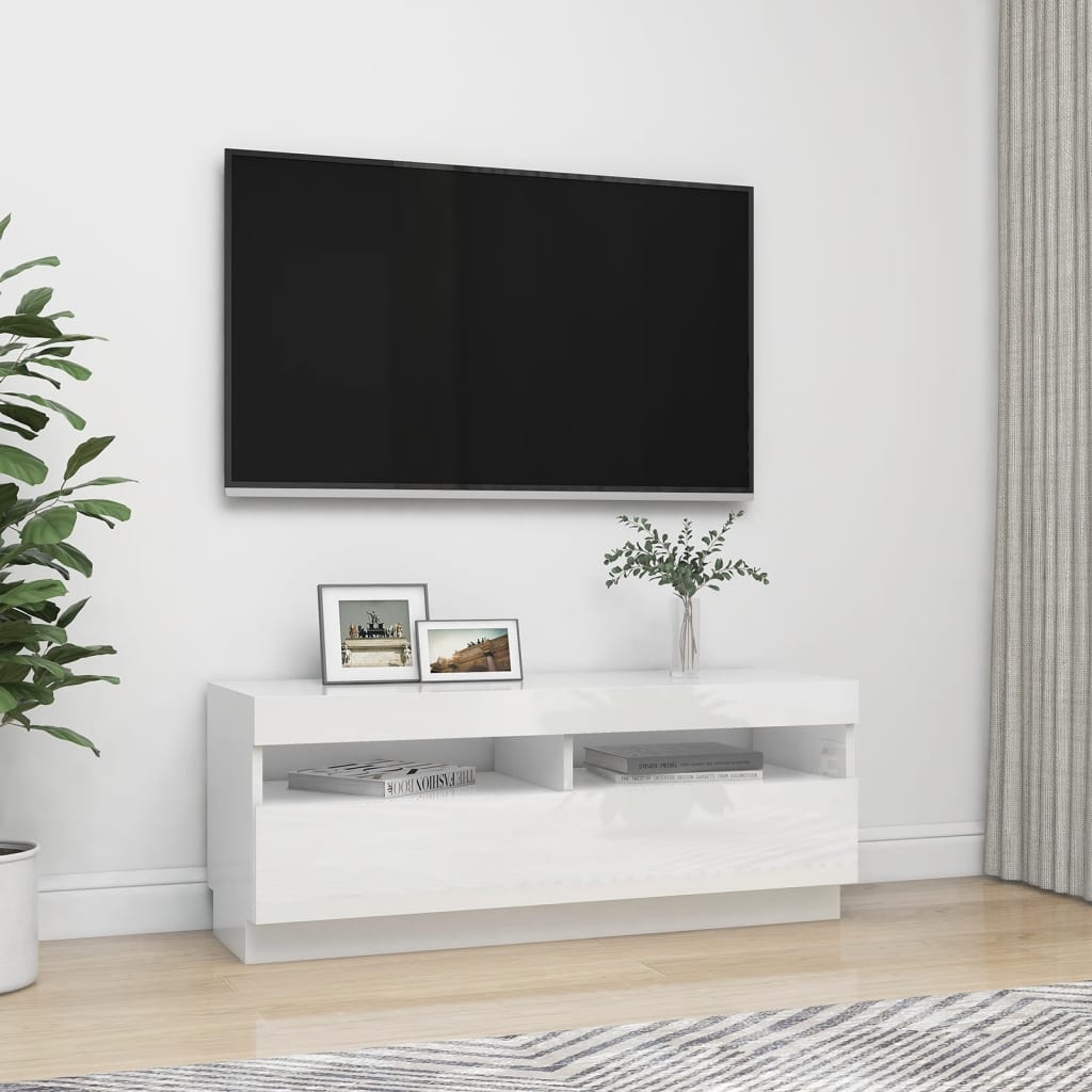 TV-taso LED-valoilla korkeakiilto valkoinen 100x35x40 cm - Sisustajankoti.fi