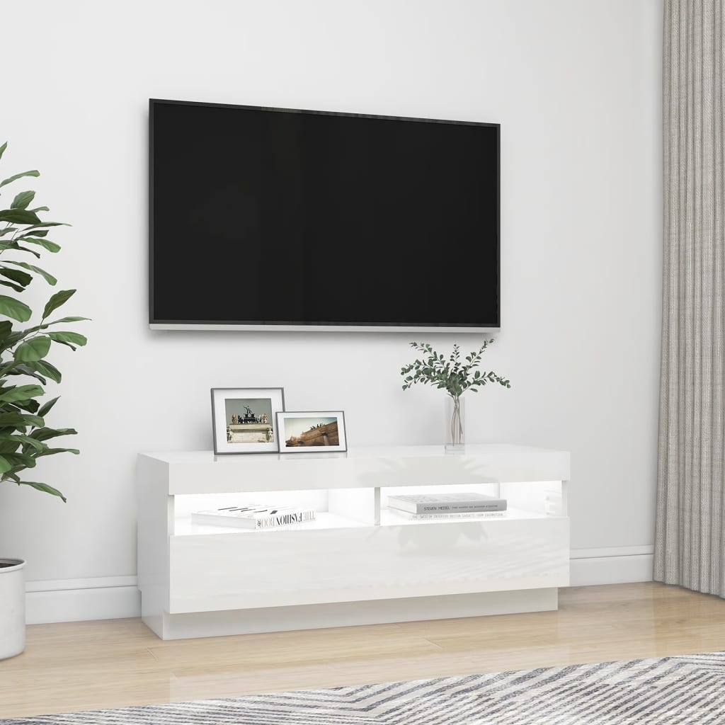 TV-taso LED-valoilla korkeakiilto valkoinen 100x35x40 cm - Sisustajankoti.fi