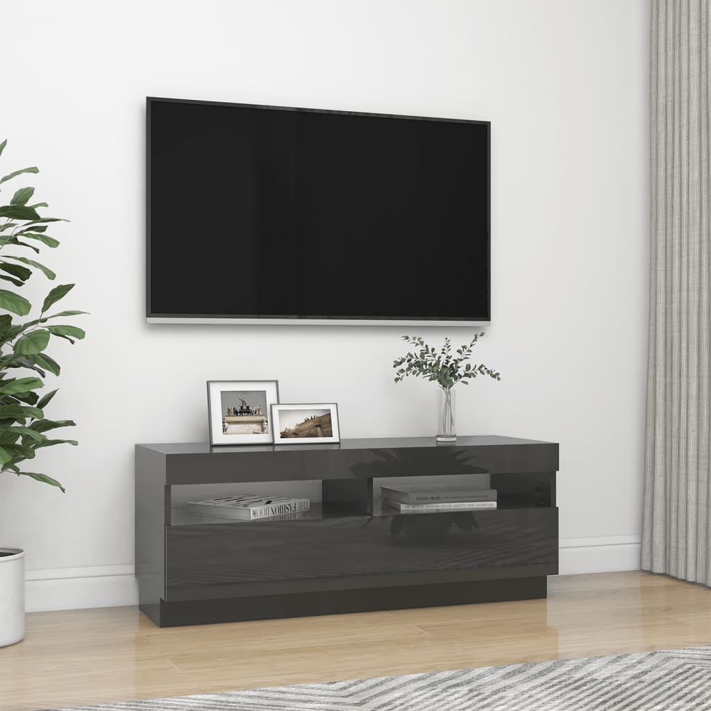 TV-taso LED-valoilla korkeakiilto harmaa 100x35x40 cm - Sisustajankoti.fi