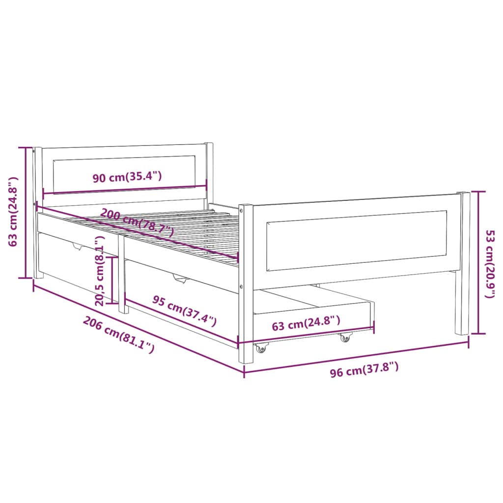 Sängynrunko 2 vetolaatikolla valkoinen täysi mänty 90x200 cm - Sisustajankoti.fi