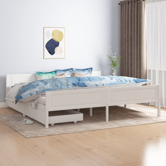 Sängynrunko 2 vetolaatikolla valkoinen täysi mänty 200x200 cm - Sisustajankoti.fi