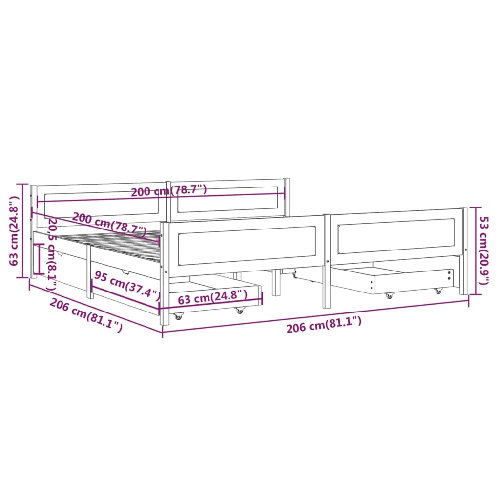 Sängynrunko 4 vetolaatikolla valkoinen täysi mänty 200x200 cm - Sisustajankoti.fi