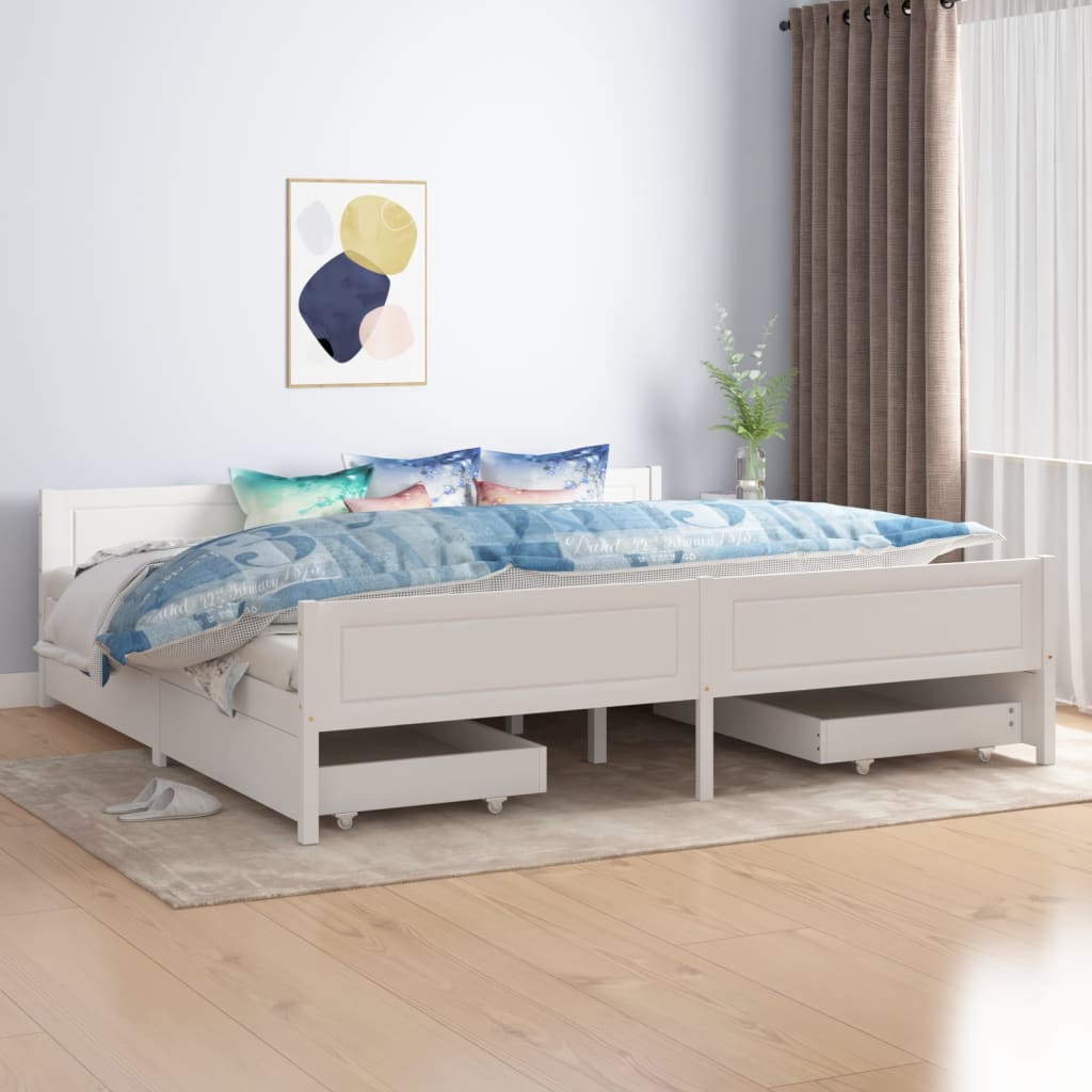 Sängynrunko 4 vetolaatikolla valkoinen täysi mänty 200x200 cm - Sisustajankoti.fi