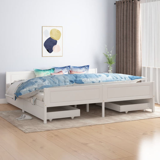 Sängynrunko 4 vetolaatikolla valkoinen täysi mänty 200x200 cm - Sisustajankoti.fi