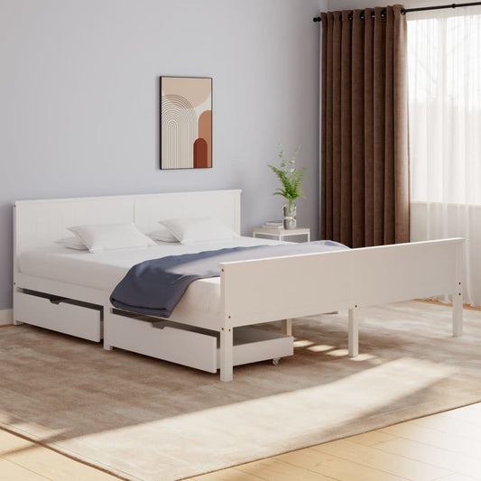 Sängynrunko 2 vetolaatikolla valkoinen täysi mänty 200x200 cm - Sisustajankoti.fi