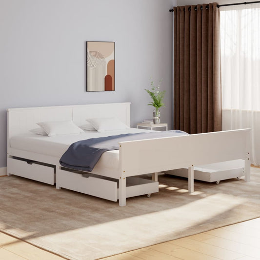 Sängynrunko 4 vetolaatikolla valkoinen täysi mänty 200x200 cm - Sisustajankoti.fi