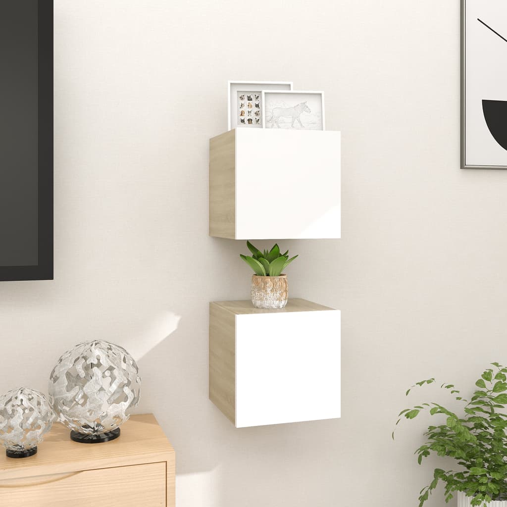 Seinäkiinnitettävät TV-tasot 2 kpl valkoinen/tammi 30,5x30x30cm - Sisustajankoti.fi