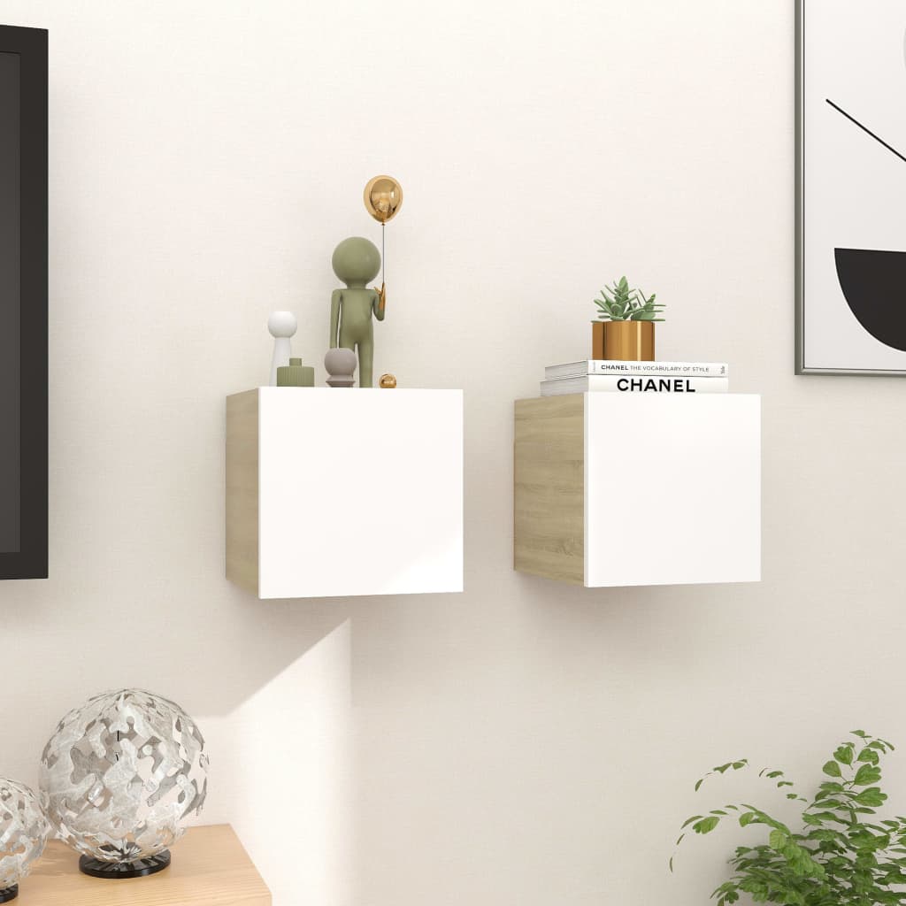 Seinäkiinnitettävät TV-tasot 2 kpl valkoinen/tammi 30,5x30x30cm - Sisustajankoti.fi
