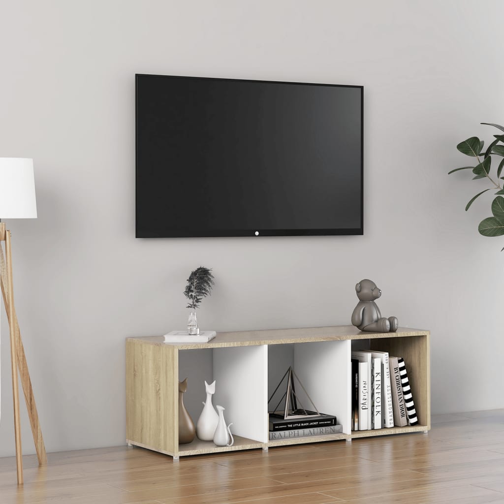 TV-taso valkoinen ja Sonoma-tammi 107x35x37 cm lastulevy - Sisustajankoti.fi