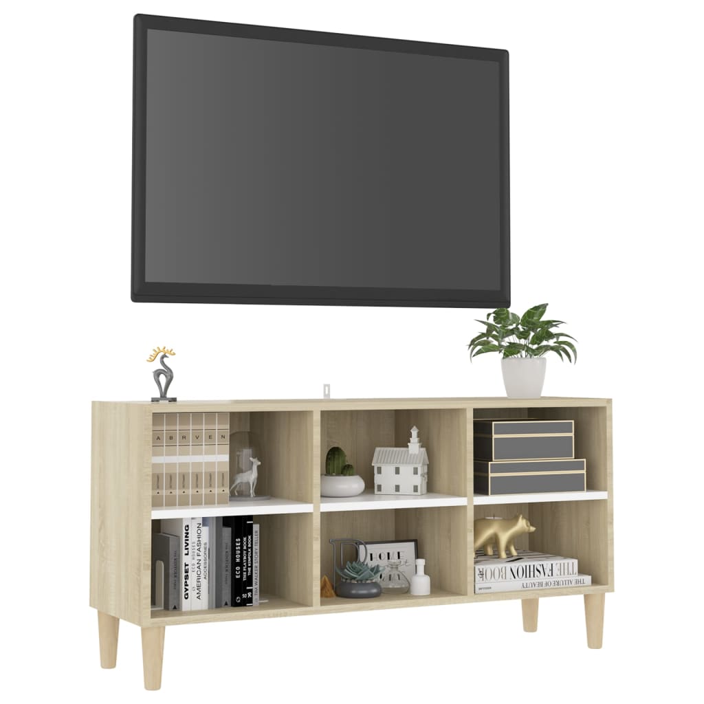 TV-taso täyspuiset jalat valkoinen/Sonoma-tammi 103,5x30x50 cm - Sisustajankoti.fi