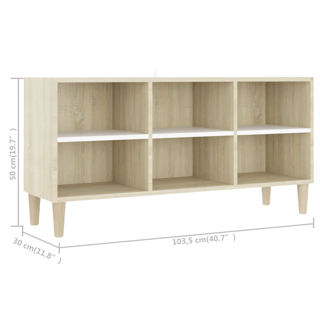 TV-taso täyspuiset jalat valkoinen/Sonoma-tammi 103,5x30x50 cm - Sisustajankoti.fi