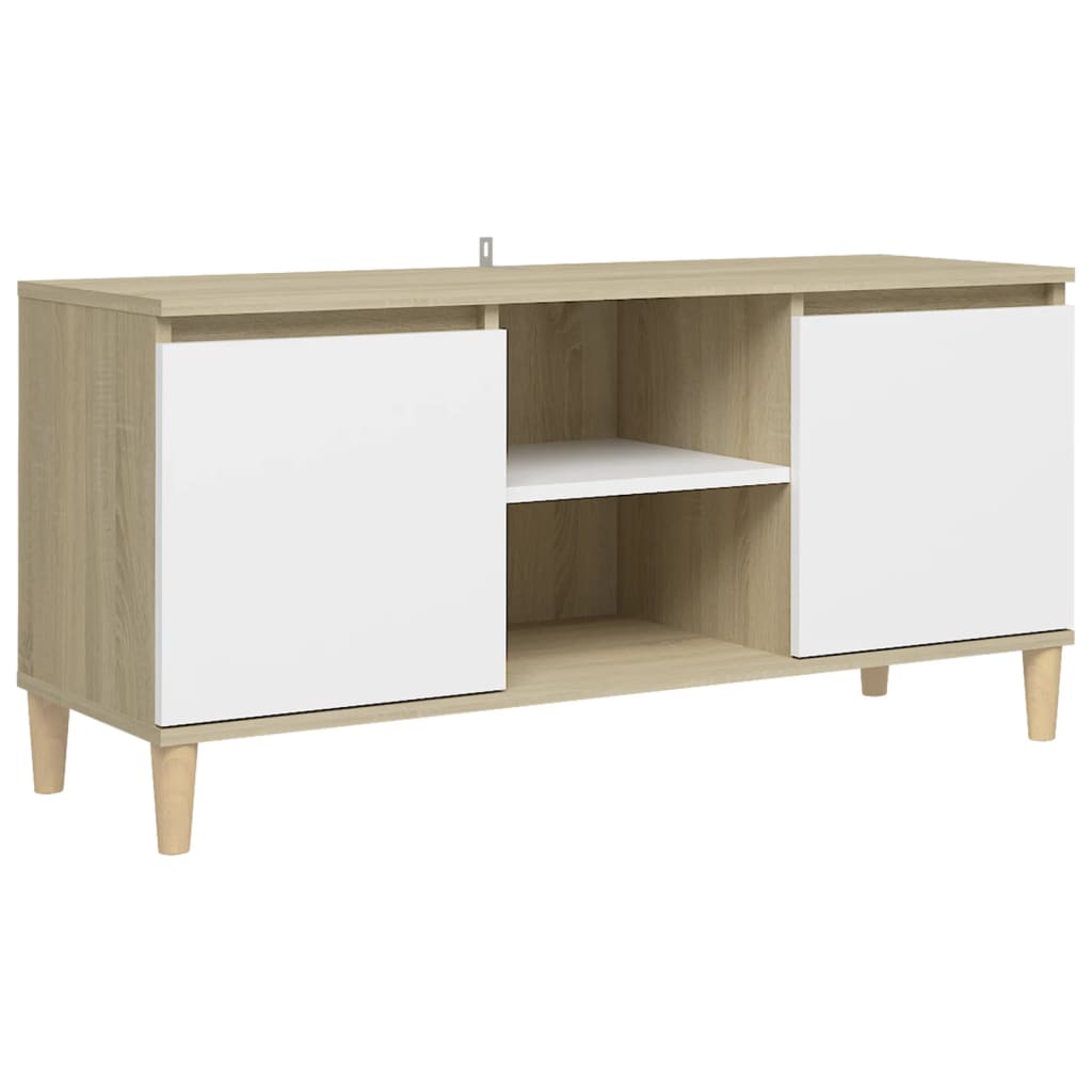 TV-taso täyspuiset jalat valkoinen/Sonoma-tammi 103,5x35x50 cm - Sisustajankoti.fi
