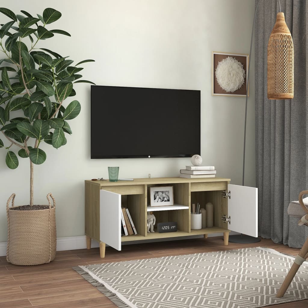 TV-taso täyspuiset jalat valkoinen/Sonoma-tammi 103,5x35x50 cm - Sisustajankoti.fi