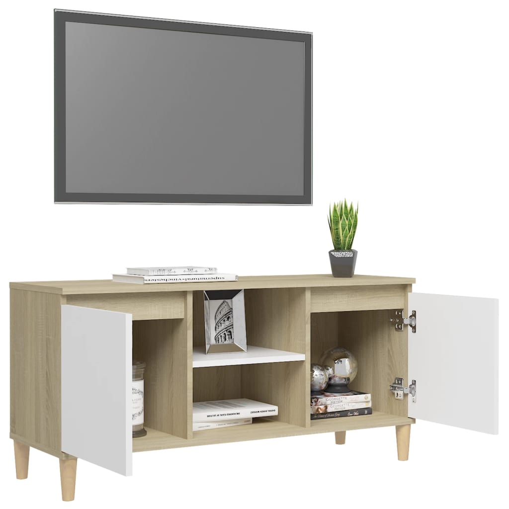 TV-taso täyspuiset jalat valkoinen/Sonoma-tammi 103,5x35x50 cm - Sisustajankoti.fi