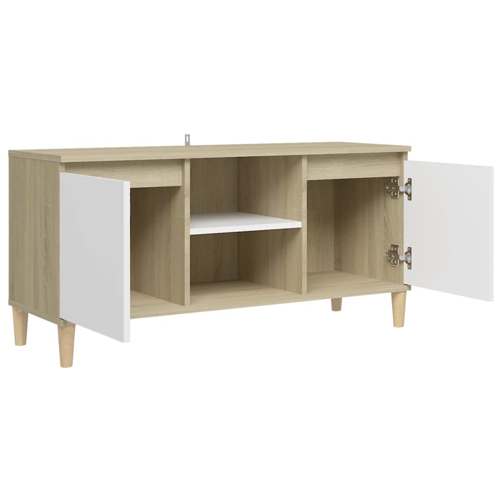 TV-taso täyspuiset jalat valkoinen/Sonoma-tammi 103,5x35x50 cm - Sisustajankoti.fi