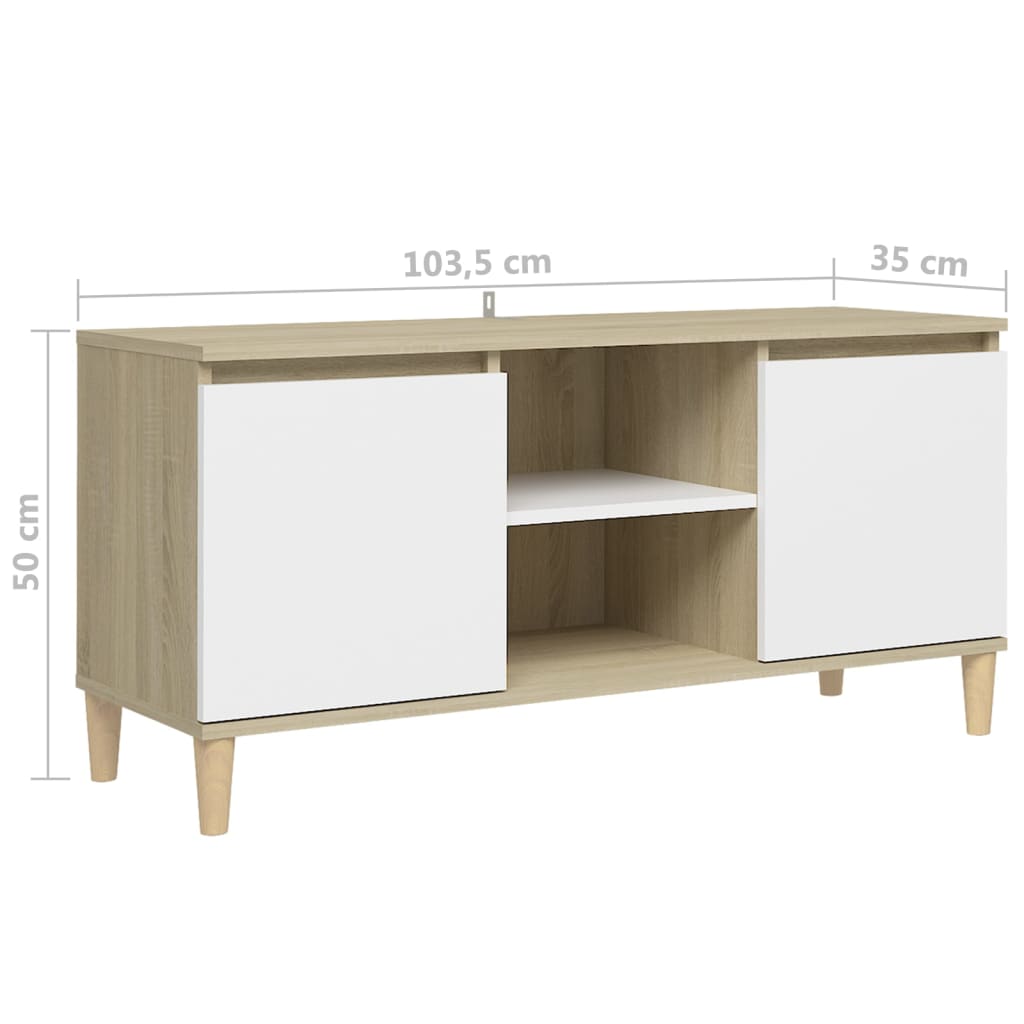 TV-taso täyspuiset jalat valkoinen/Sonoma-tammi 103,5x35x50 cm - Sisustajankoti.fi
