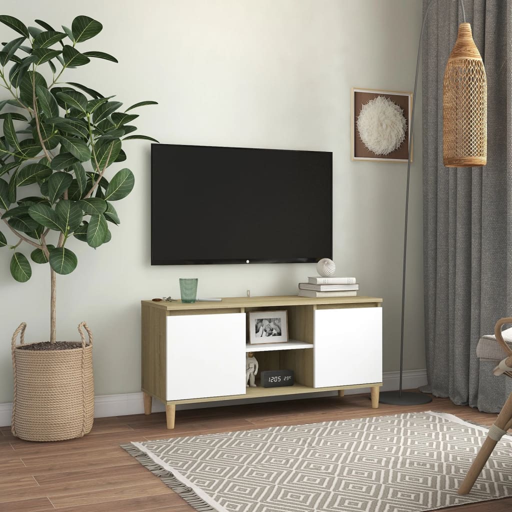 TV-taso täyspuiset jalat valkoinen/Sonoma-tammi 103,5x35x50 cm - Sisustajankoti.fi