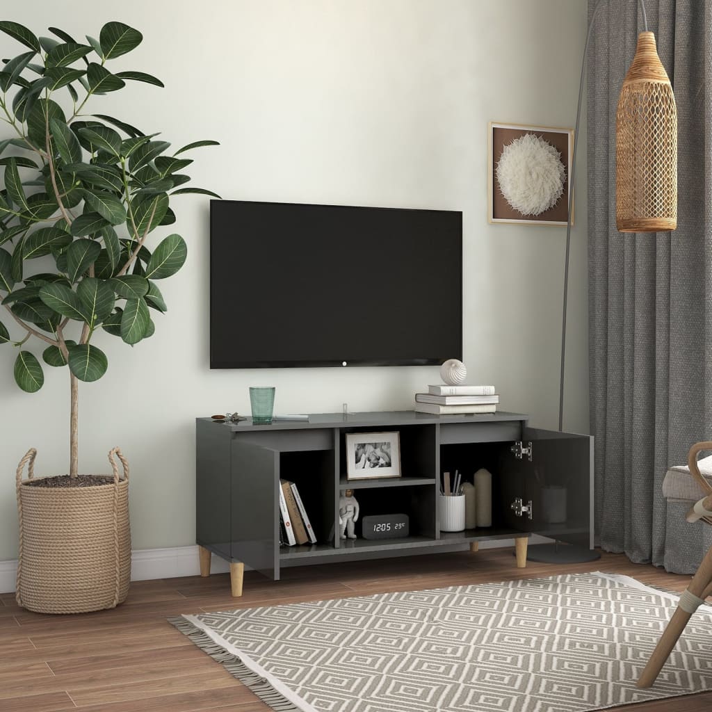 TV-taso täyspuiset jalat korkeakiilto harmaa 103,5x35x50 cm - Sisustajankoti.fi