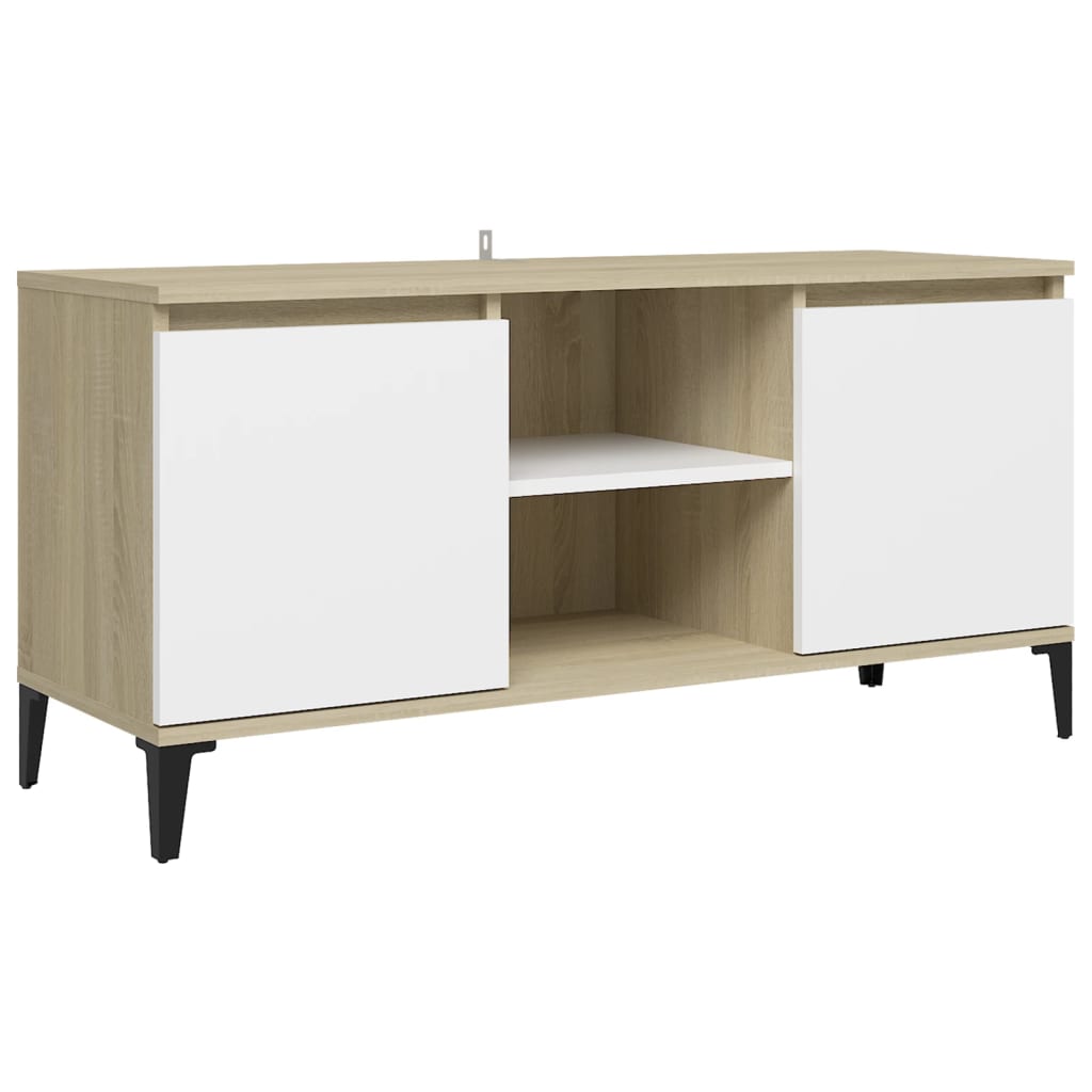 TV-taso metallijaloilla valkoinen/Sonoma-tammi 103,5x35x50 cm - Sisustajankoti.fi