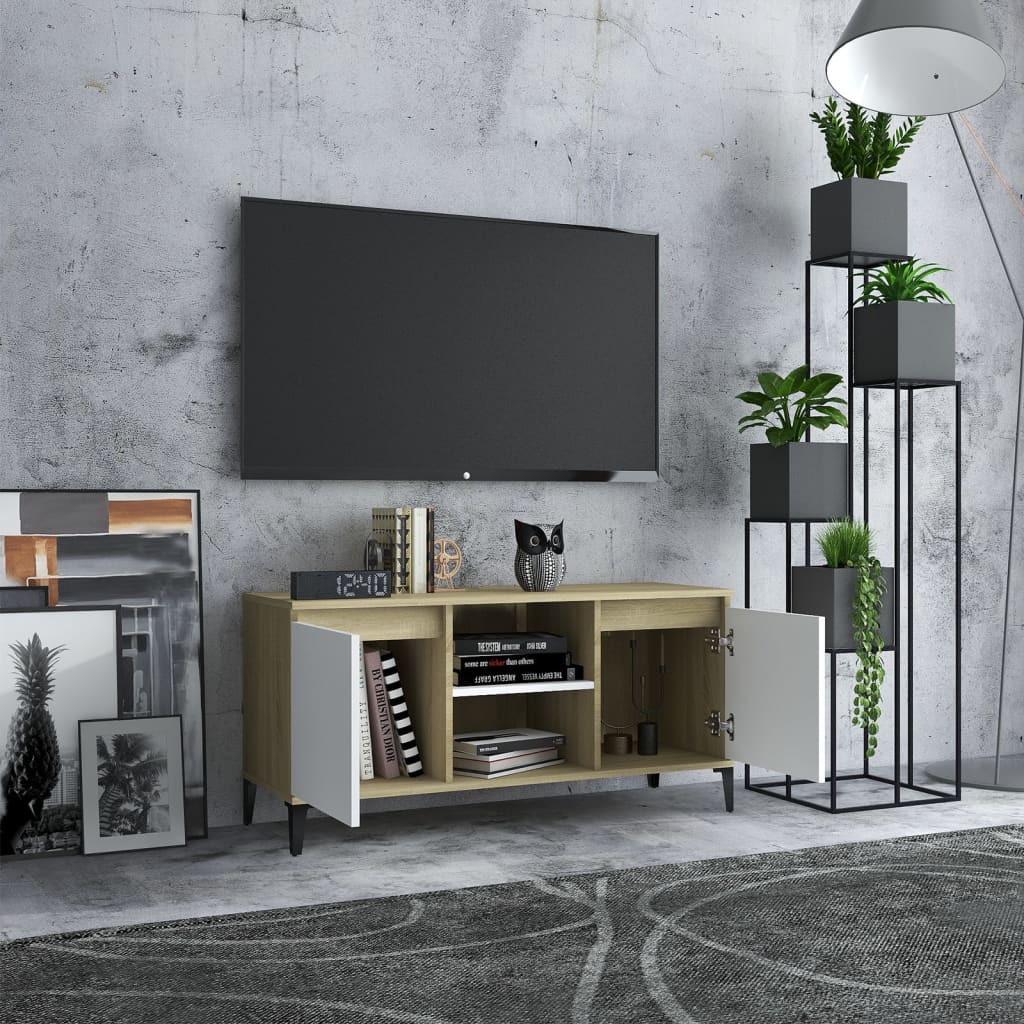 TV-taso metallijaloilla valkoinen/Sonoma-tammi 103,5x35x50 cm - Sisustajankoti.fi