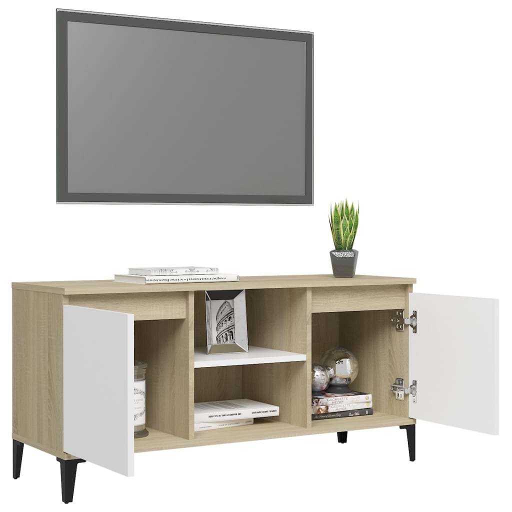 TV-taso metallijaloilla valkoinen/Sonoma-tammi 103,5x35x50 cm - Sisustajankoti.fi