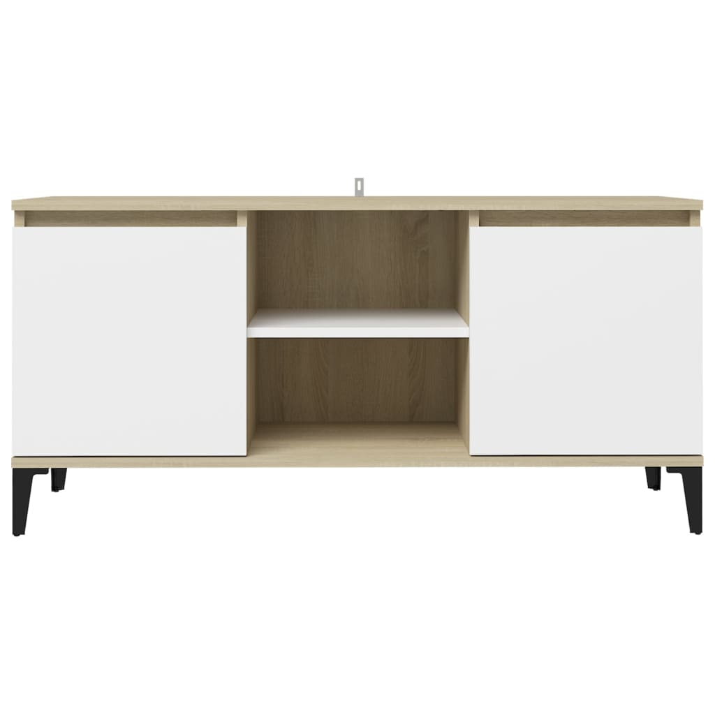 TV-taso metallijaloilla valkoinen/Sonoma-tammi 103,5x35x50 cm - Sisustajankoti.fi