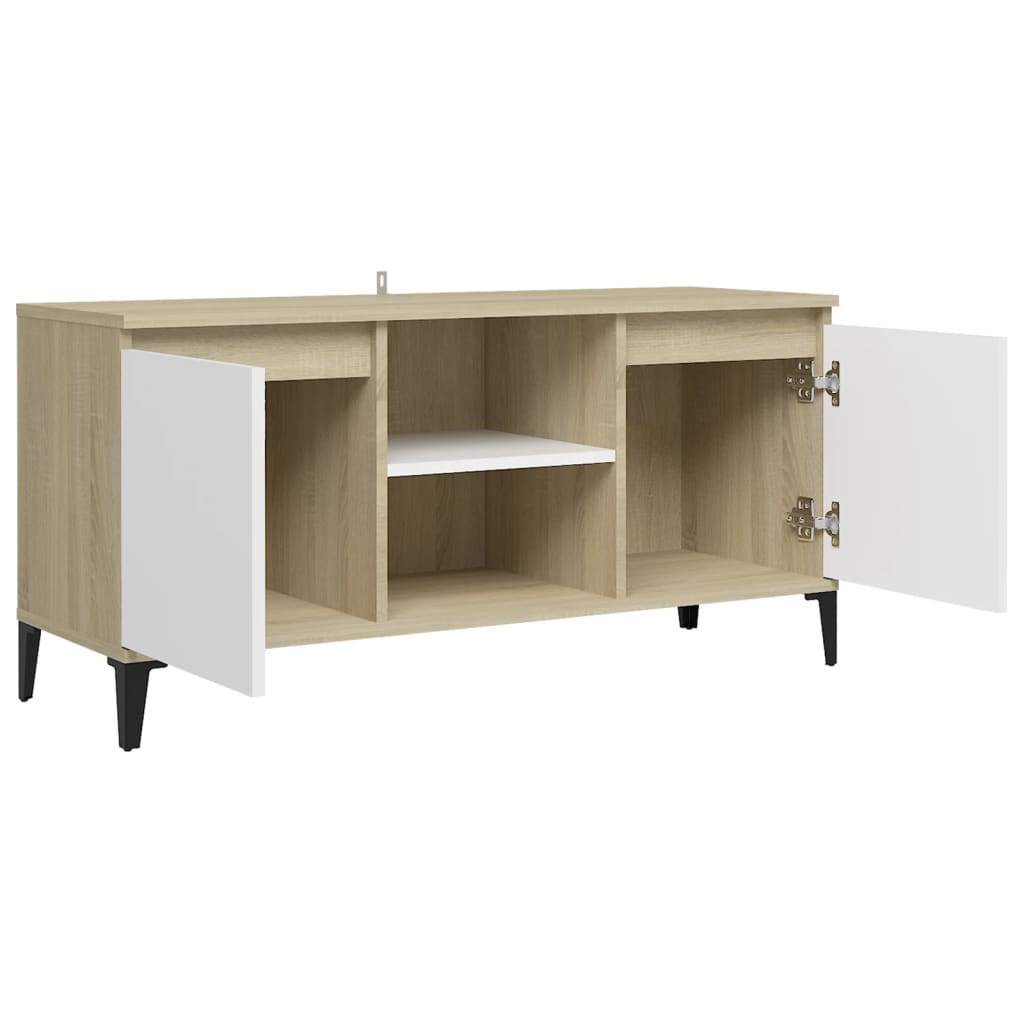 TV-taso metallijaloilla valkoinen/Sonoma-tammi 103,5x35x50 cm - Sisustajankoti.fi