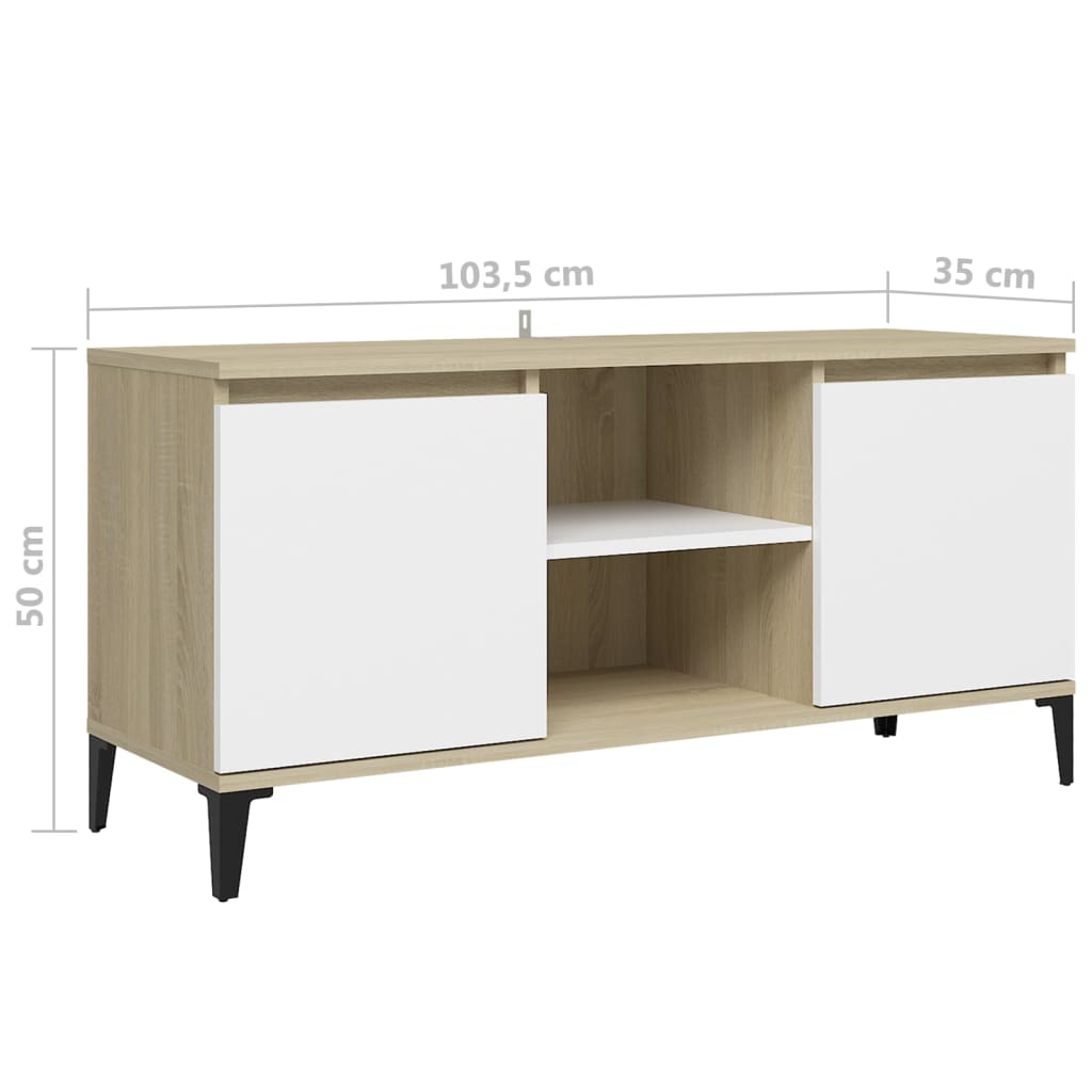 TV-taso metallijaloilla valkoinen/Sonoma-tammi 103,5x35x50 cm - Sisustajankoti.fi