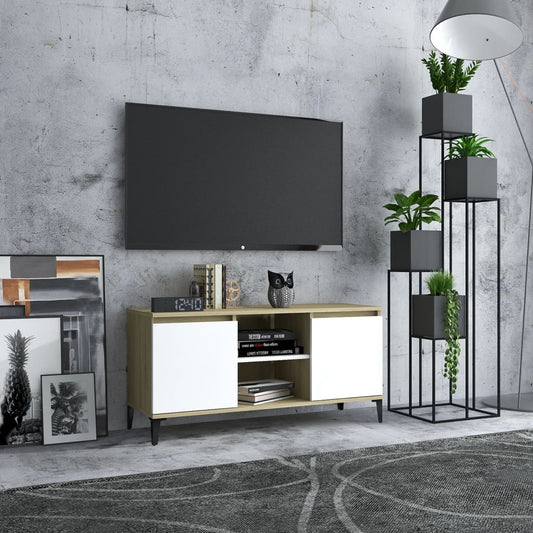 TV-taso metallijaloilla valkoinen/Sonoma-tammi 103,5x35x50 cm - Sisustajankoti.fi