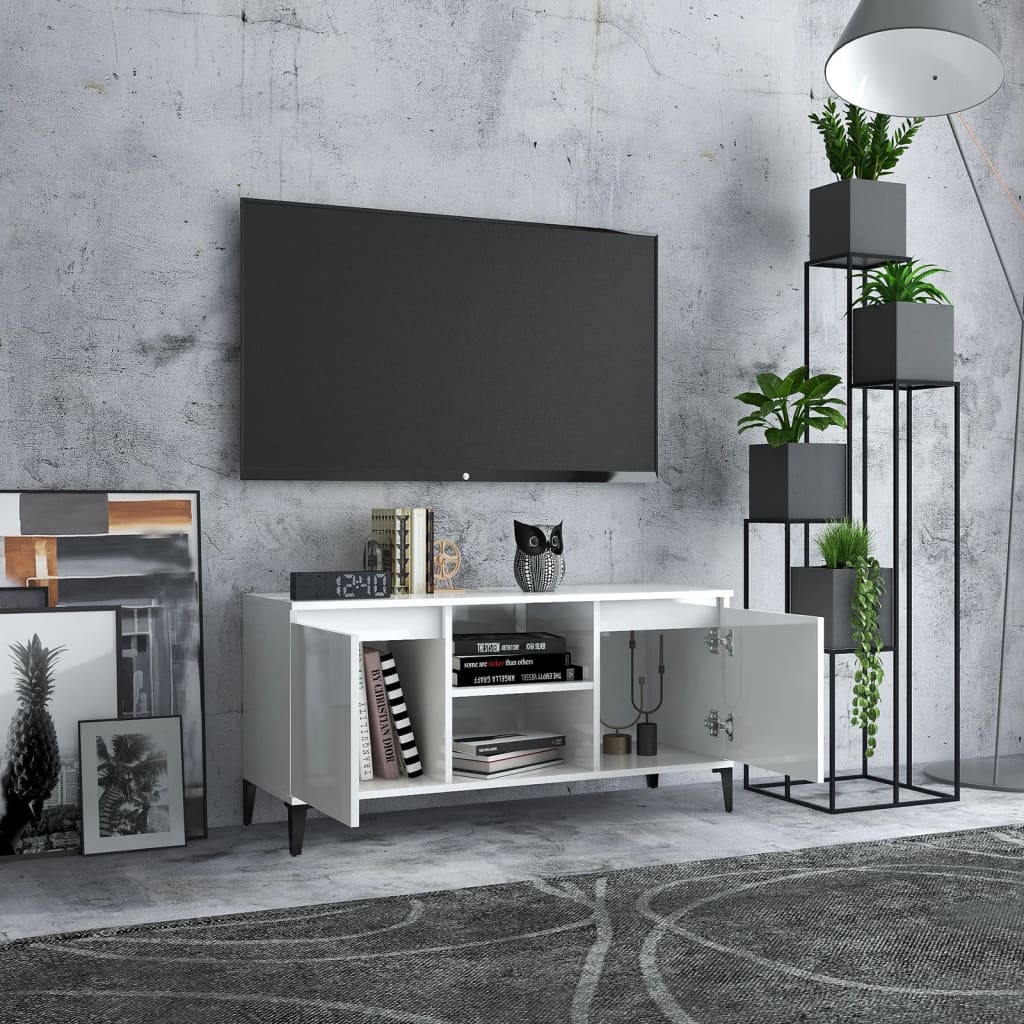 TV-taso metallijaloilla korkeakiilto valkoinen 103,5x35x50 cm - Sisustajankoti.fi