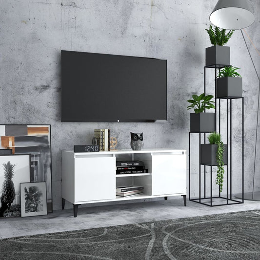 TV-taso metallijaloilla korkeakiilto valkoinen 103,5x35x50 cm - Sisustajankoti.fi