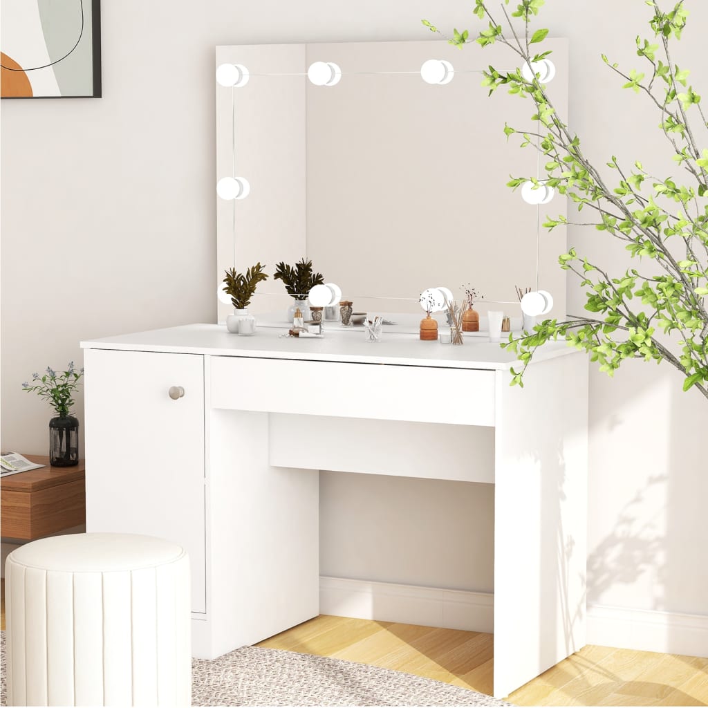 Meikkipöytä LED-valoilla 110x55x145 cm MDF valkoinen - Sisustajankoti.fi