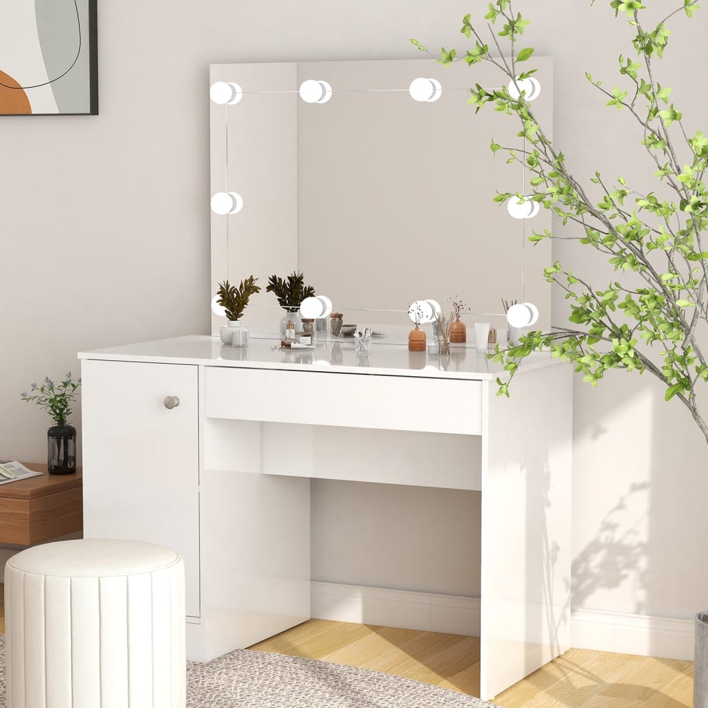 Meikkipöytä LED-valoilla 110x55x145 cm MDF kiiltävä valkoinen - Sisustajankoti.fi