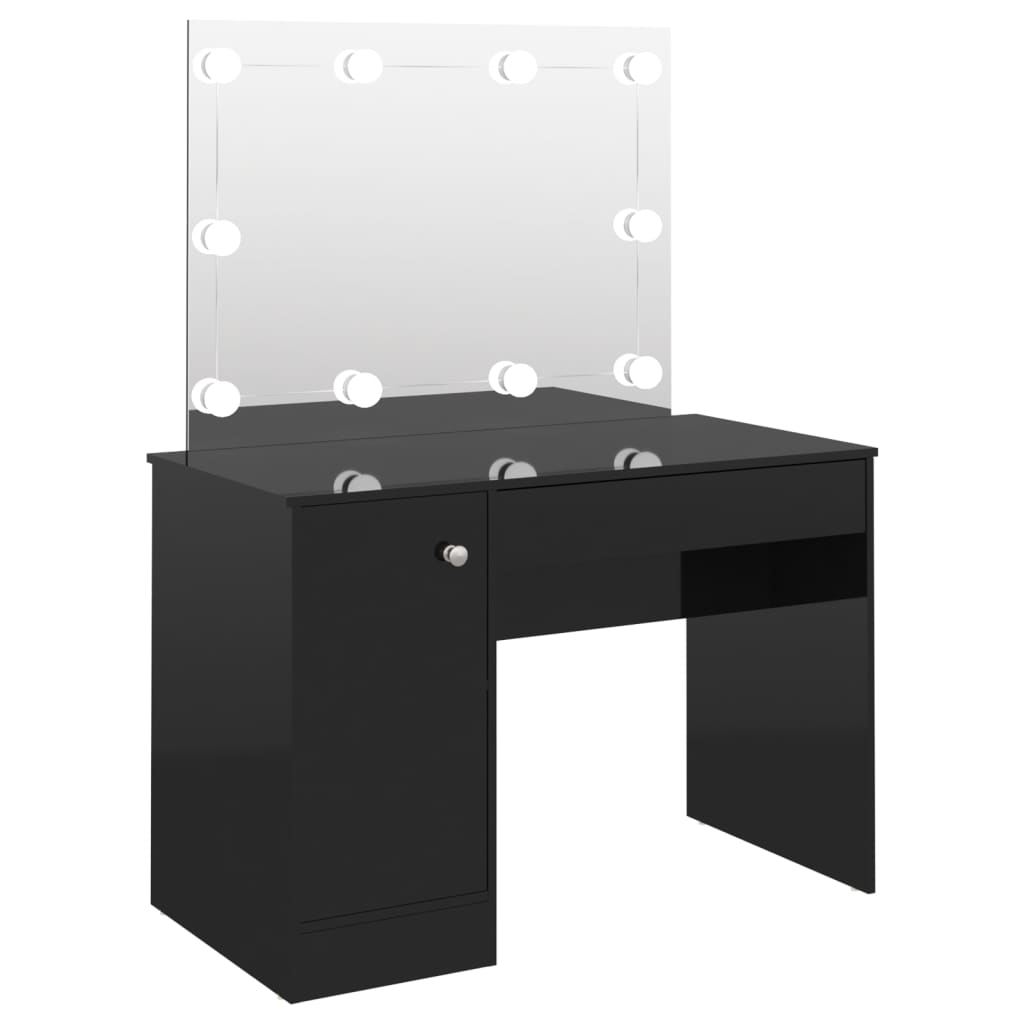 Meikkipöytä LED-valoilla 110x55x145 cm MDF kiiltävä musta - Sisustajankoti.fi