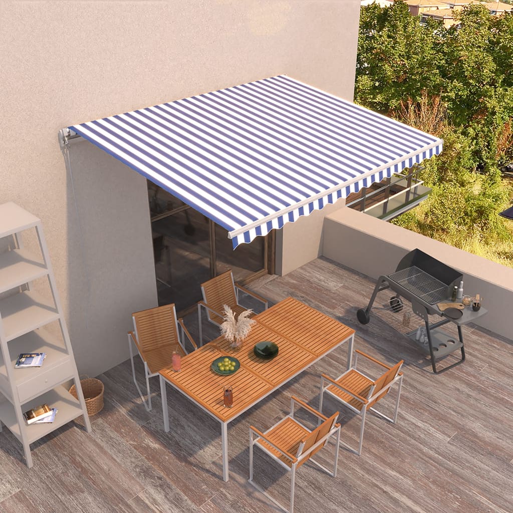 Manuaalisesti sisäänkelattava markiisi 400x350 cm sinivalkoinen - Sisustajankoti.fi